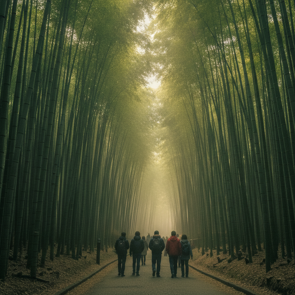 Tall bamboo stalks lining the quiet Arashiyama Bamboo Grove path in early morning light