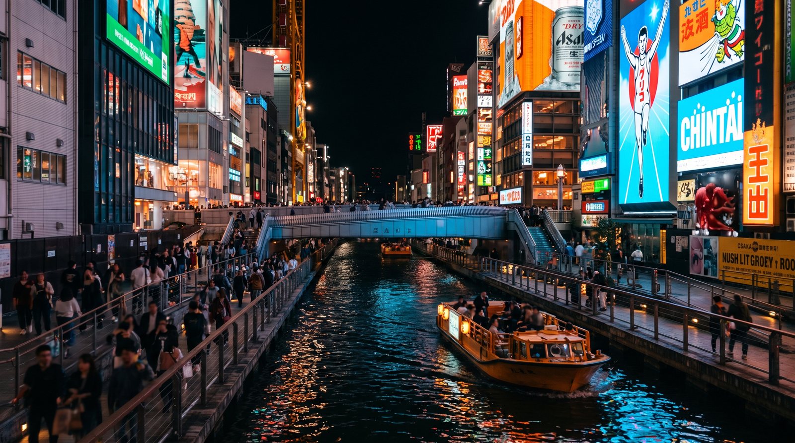 Neon signs and crowds along the Dotonbori canal, Osaka