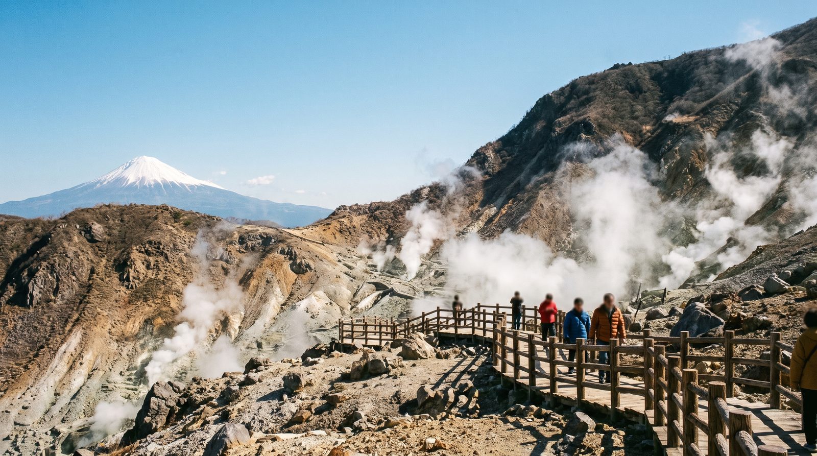Volcanic steam rising at Owakudani valley, Hakone, with Mount Fuji in the distance