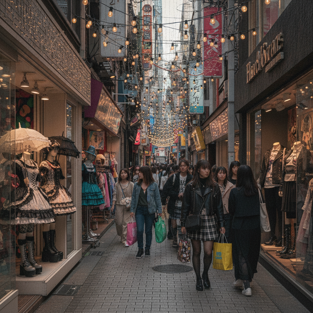 Colorful crowds and shopfronts on Takeshita Street, Harajuku, Tokyo