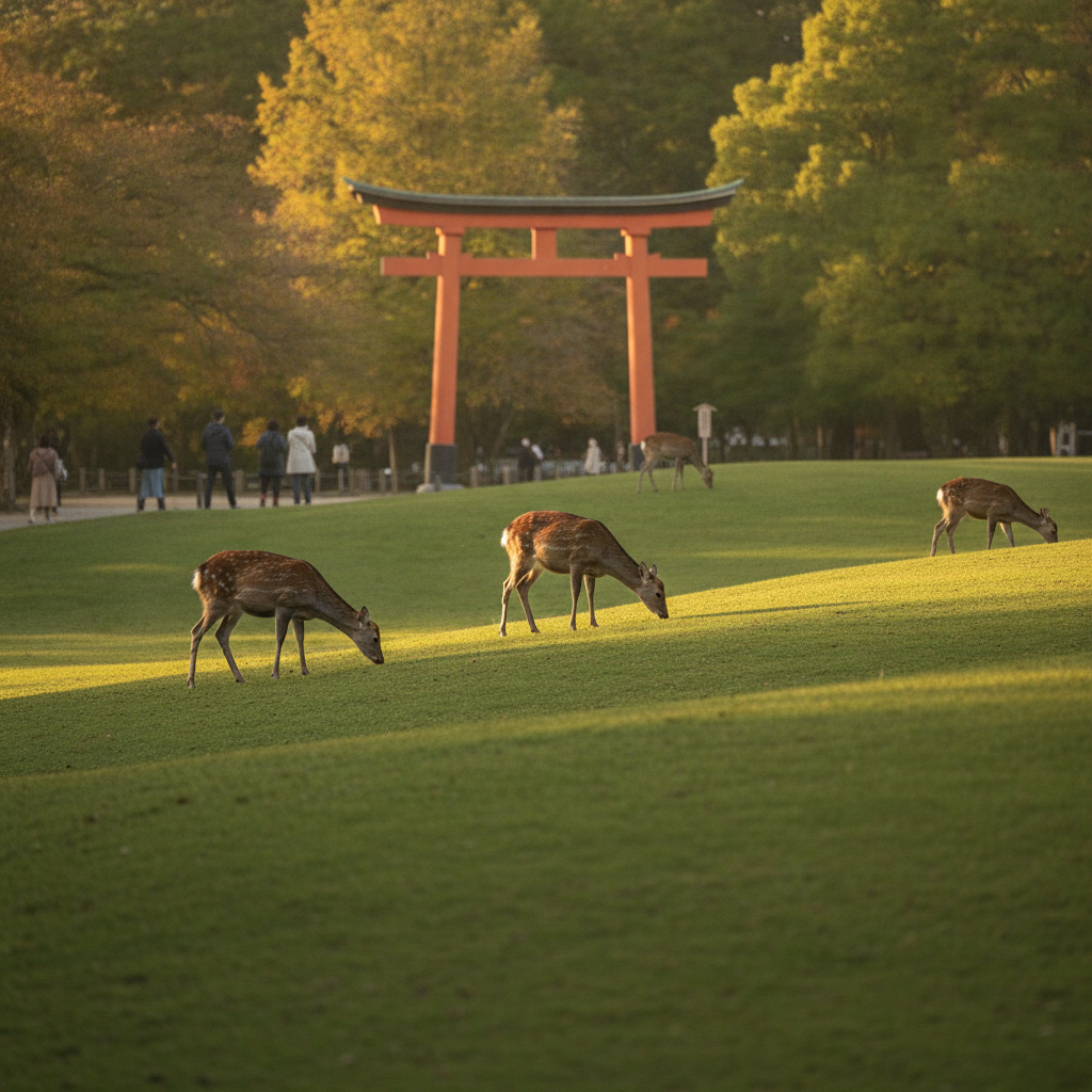 A wild deer bowing near a visitor in Nara Park with Todai-ji in the background