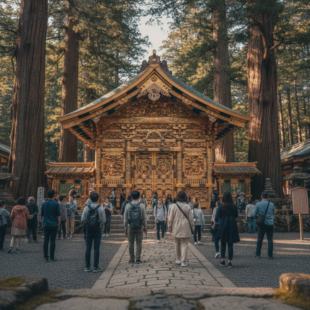 The gold-leaf Yomeimon Gate at Nikko Toshogu Shrine surrounded by cedar trees