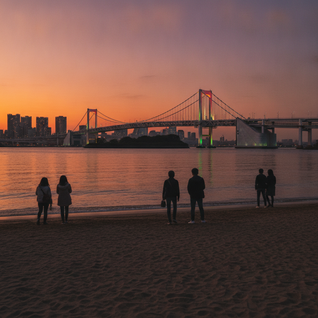 The Rainbow Bridge at sunset seen from Odaiba Seaside Park