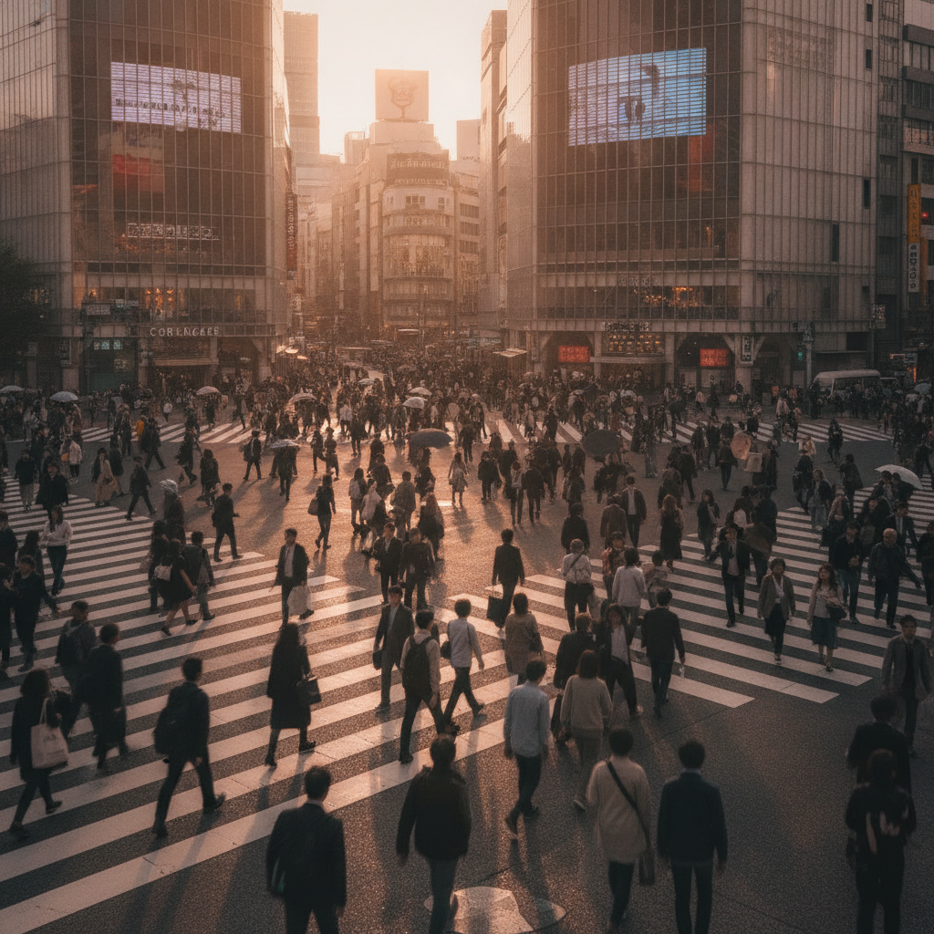Shibuya Scramble Crossing seen from above with crowds of pedestrians crossing