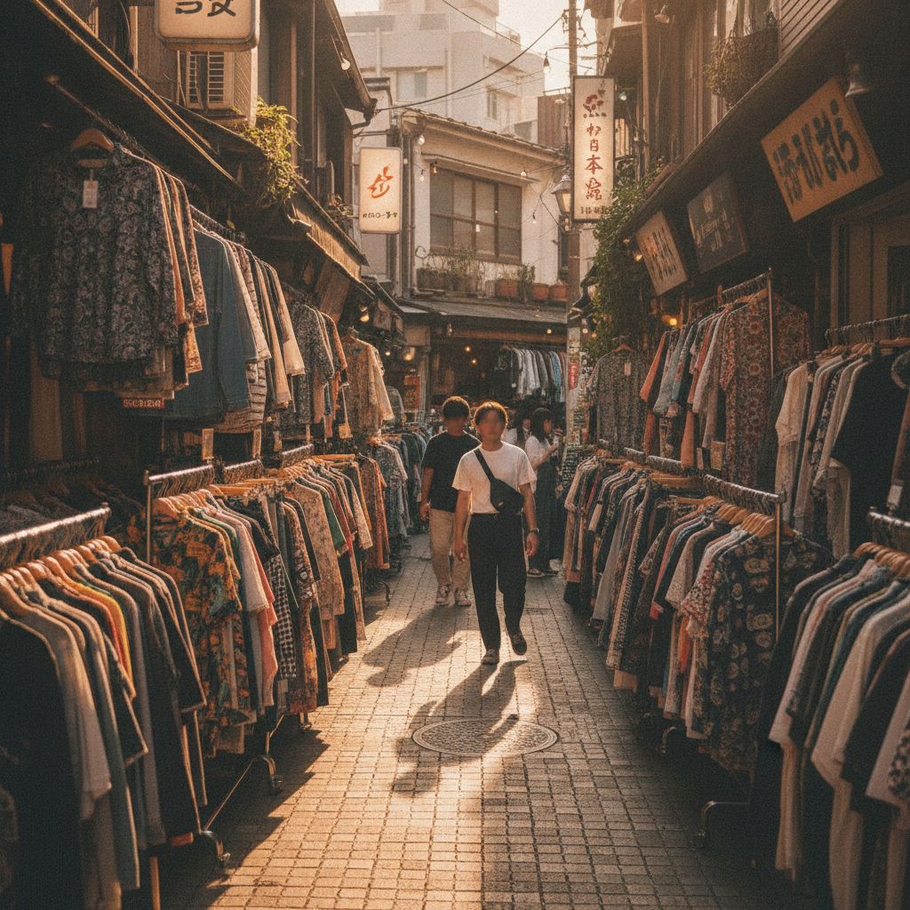 A narrow Shimokitazawa side street lined with small independent shopfronts