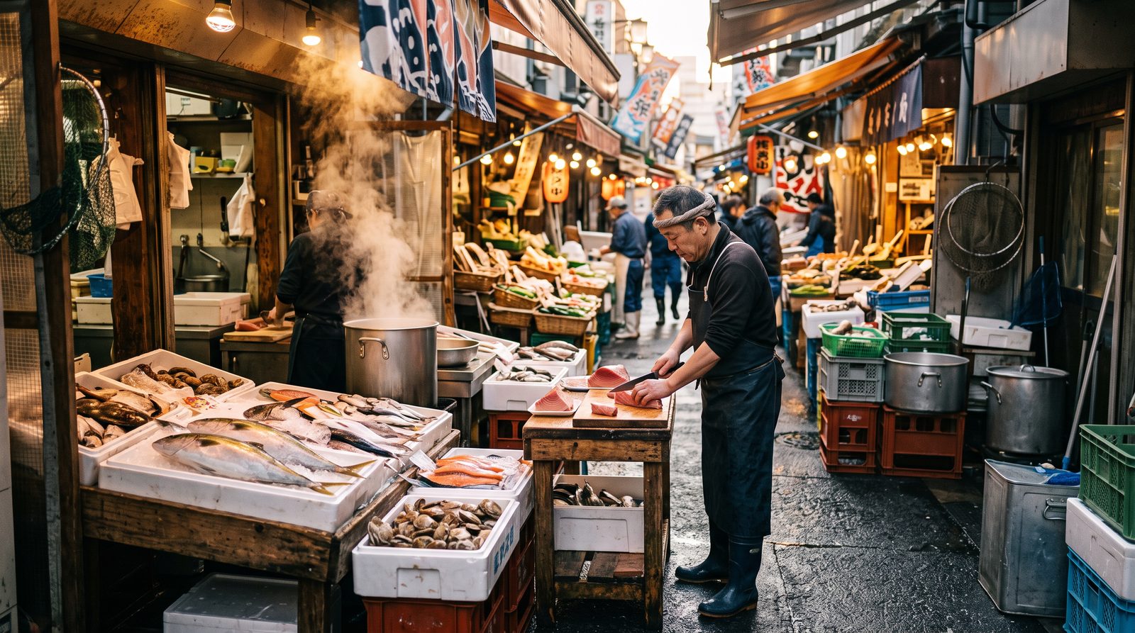 Food stalls and shoppers at Tsukiji Outer Market, Tokyo