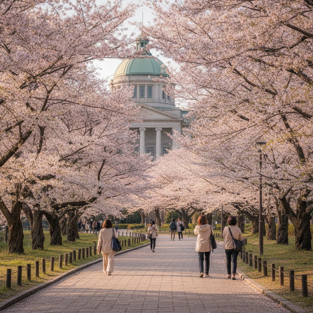 Ueno Park pathway lined with trees leading toward the Tokyo National Museum